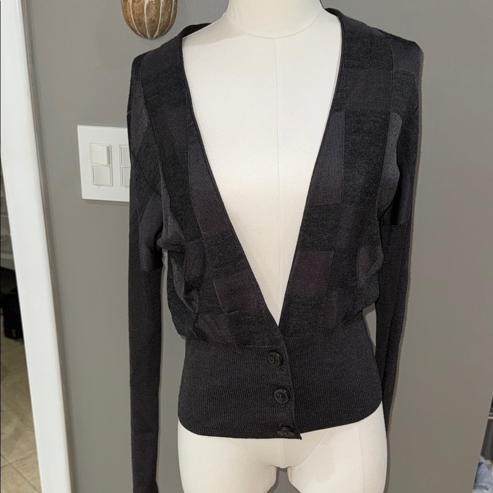 Dark Gray Checkered Wool Cardigan